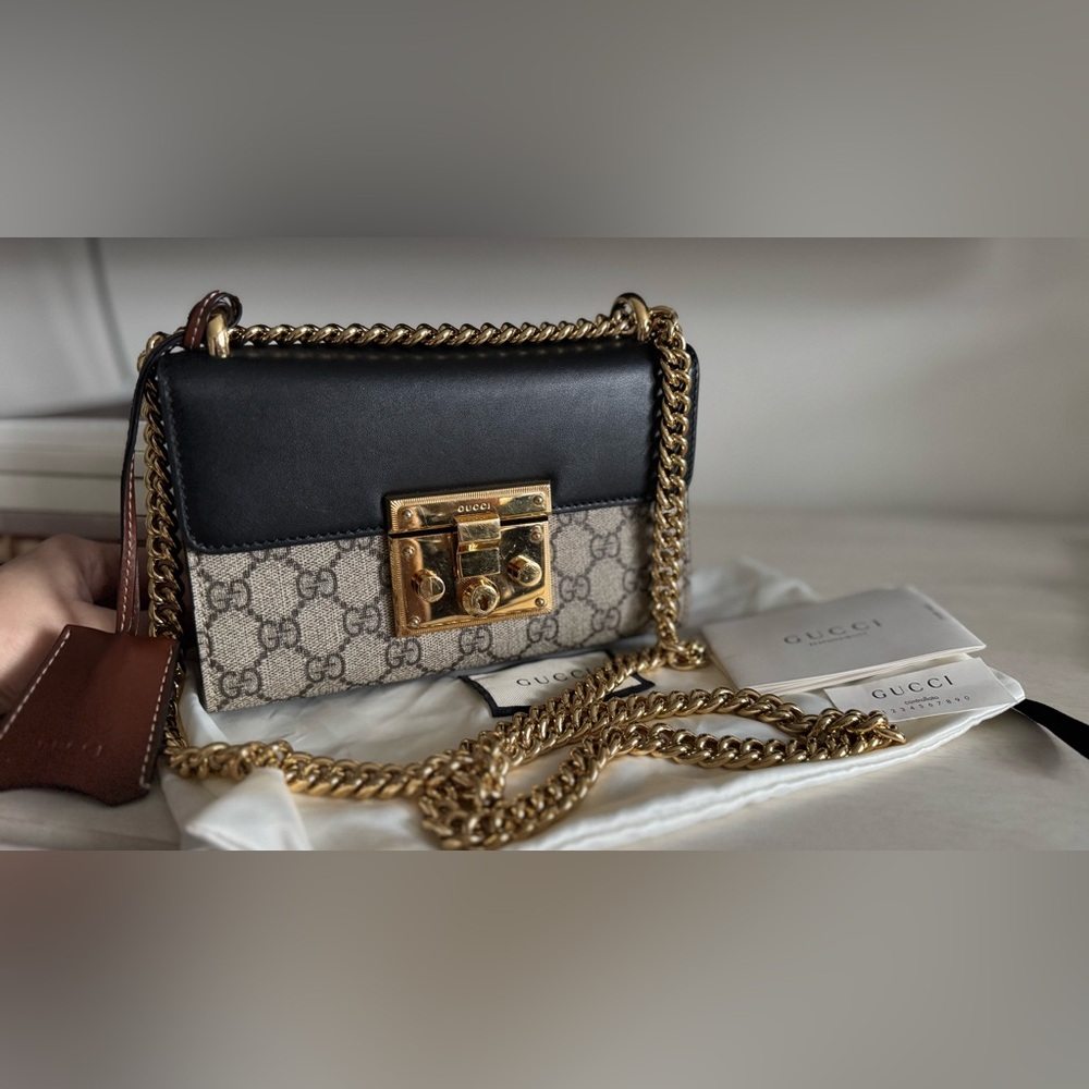 Authentic GG Supreme Monogram Calfskin Small Padlock Shoulder Bag